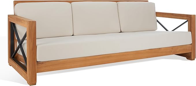 SAFAVIEH CPT1010A Couture Curacao Brazilian Teak Outdoor 3-Seat Patio Sofa, Natural/White