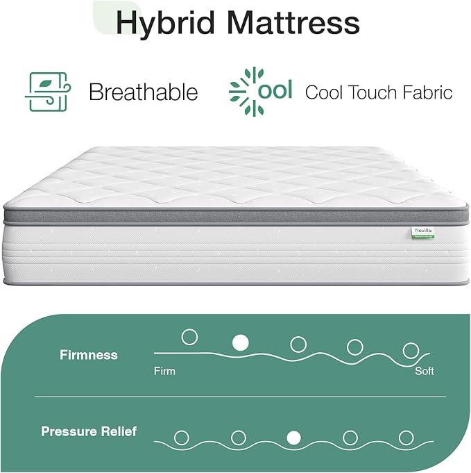 Novilla Queen Size Mattress, 10 Inch Queen Hybrid Mattress in a Box, Pocket Innerspring Mattresses for Motion Isolation, Pressure Relief, Sopportive & Firm Feel