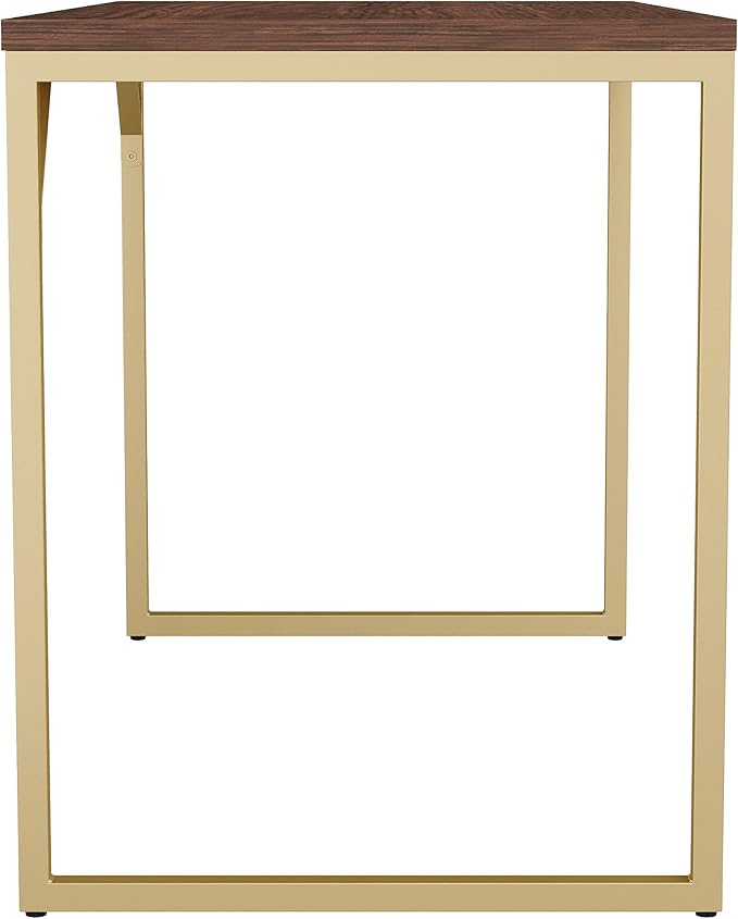 Martha Stewart Noah Home Office Parsons Desk in Walnut Wood Grain with Polished Brass Metal Frame