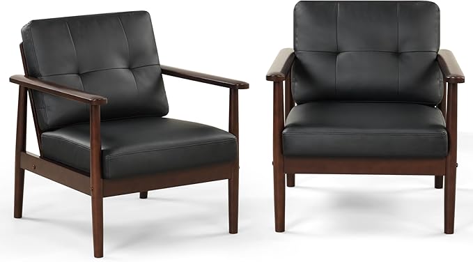 STHOUYN Mid Century Modern Chair, PU Leather Accent Chair Set of 2 with Wood Arms, Living Room Chairs, Reading Armchair for Bedroom, Waiting Room, Office