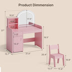 Gizoon Kids Vanity Desk with Mirror and Lights, Todder Vanity Table and Chair Set with 2 Tier Open Shelves Drawer and Cabinet, Kids Makeup Vanity for Little Girl, Pink