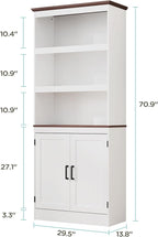 MHOM 71" Tall Bookshelf with Doors, 5 Tiers Farmhouse Bookcase with Adjustable Shelves, Wooden Rustic Display Cabinet for Home Office, Living Room, White