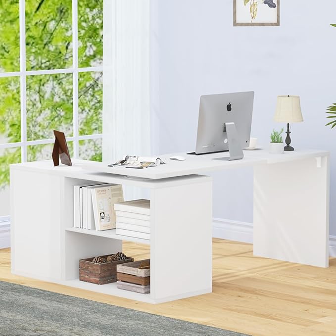 HSH White L Shaped Desk with Shelf, Reversible Modern Home Office Desk Workstation, L Shape Computer Desk with Storage Cabinet Drawer, Industrial Wood Corner Table for Work Study Writing Gaming, 55 In