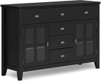 SIMPLIHOME Artisan Buffet - 54 inch Wide Solid Wood 3-Door Sideboard Buffet in Black, Contemporary Storage Cabinet for Dining Room or Kitchen with Adjustable Shelves and Bronze Hardware