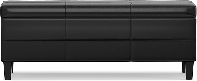 SIMPLIHOME Afton 48 inch Wide Contemporary Rectangle Storage Ottoman Bench in Midnight Black Vegan Faux Leather, Assembled, For the Living Room and Bedroom