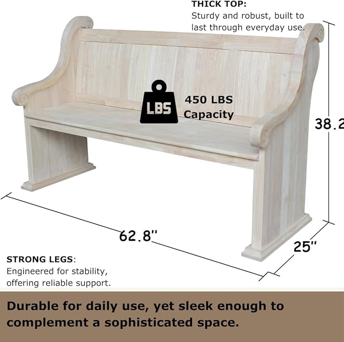 IC International Concepts, Sanctuary Bench, Solid Real Wood, Sturdy Parawood, Entryway/Dining/Living, Spacious Dimensions 58" W x 17.7" D x 18" H, 450 LBS Capacity, Paint/Stain Ready, Unfinished