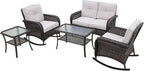 COOS BAY Vintage Courtyard Patio Furniture Set, Wicker Outdoor Furniture, Patio Conversation Sets, 2 Rocking Chairs, Loveseat, Coffee Table and Side Table, 5 Pieces, Gray/Beige