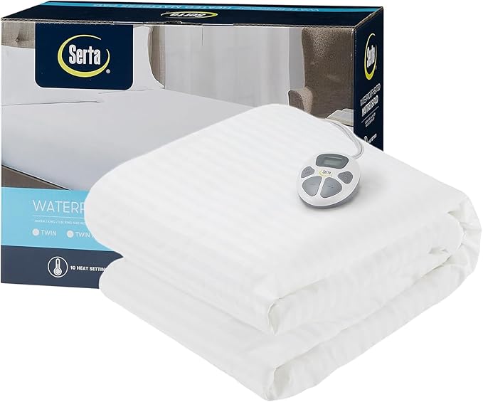 Serta Waterproof Heated Mattress Pad - Electric Bed Warmer with 10 Heat Settings, Auto Shut Off Timer, ETL Certified Electric Mattress Pad, Elastic Deep Pocket, Machine Washable, White Full