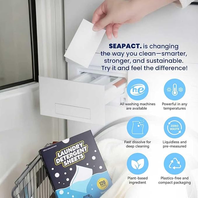 Laundry Detergent Sheets 120 Loads, Plastic Free Eco Friendly, Stain-Fighting Enzymes, Unscented Laundry Sheets, Hypoallergenic, Fragrance Free, Space-Saving for Dorm House Travel 60 Ct