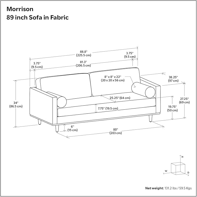 SIMPLIHOME Morrison 89-inch Wide Sofa in Charcoal Grey Woven-Blend Fabric, Handcrafted Mid-Century Modern Couch for Living Room or Family Room, Single Bench Cushion, Bolster Pillows