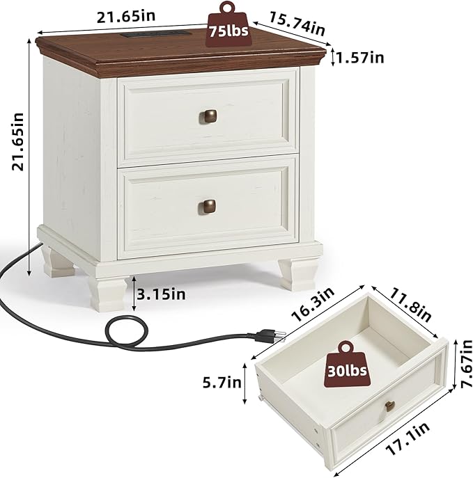 Farmhouse Nightstand with Charging Station, Rustic Low Night Stand with 2 Drawers, Mid-Century Modern End Table with 4 Square Solid Wood Legs, Small Dresser for Bedroom, Home, White