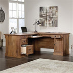 Pemberly Row Home Office L Shaped Corner Desk with Computer Tower Storage and Letter/Legal File Drawer, Vintage Oak