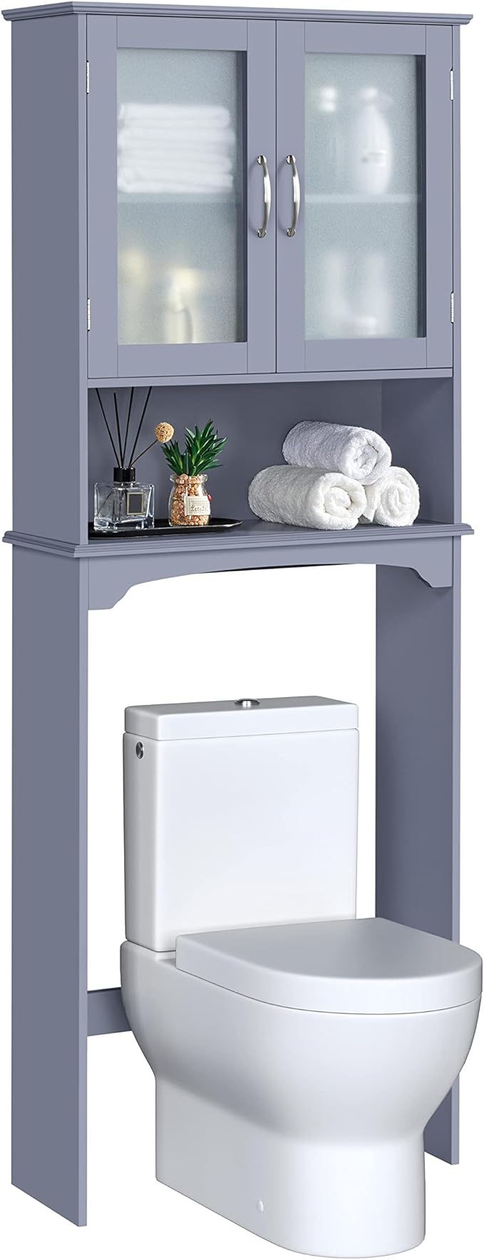Yaheetech Over The Toilet Storage Cabinet, Free Standing Toilet Rack with Adjustable Shelves and Tempered Glass Doors for Bathroom Washroom, Grey
