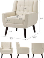 Accent Chair, Mid-Century Modern Fabric Chairs with Arms for Living Room, Comfy Upholstered Club Single Sofa Armchair for Bedroom Waiting Room with Solid Wood Frame (Fabric White, Set of 1)