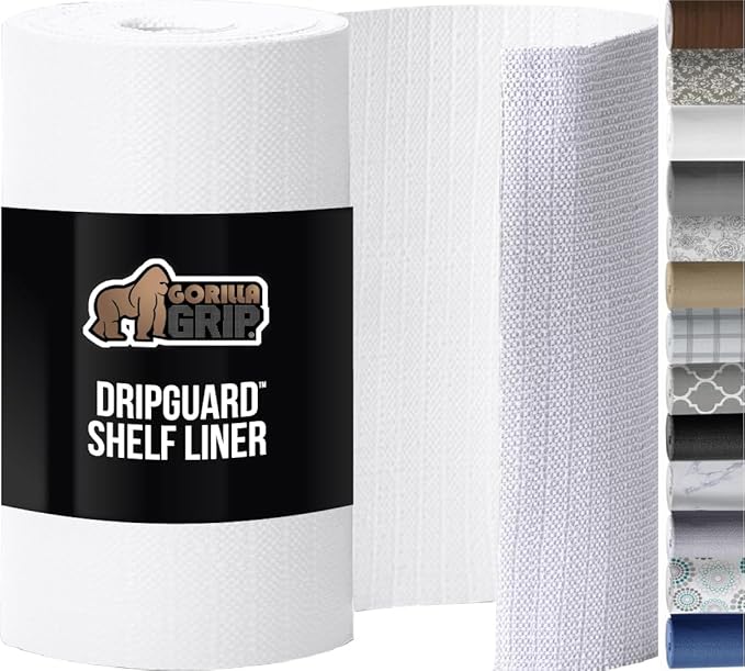GORILLA GRIP DripGuard Shelf Liner, Non Adhesive Drawer and Kitchen Cabinet Protector, 20x240 Inch, Slip Resistant BPA Free Smooth Surface Plastic Liners for Cabinets, Bathrooms, Closets, White