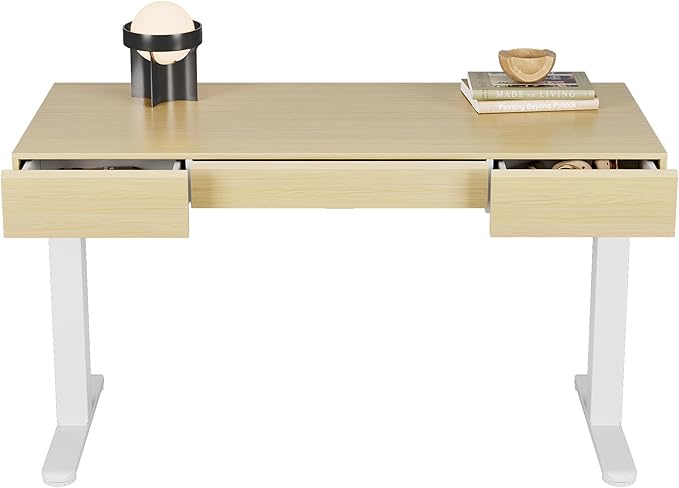 HUANUO Electric Standing Desk with 3 Drawers, 48 Inches Height Adjustable Stand Up Desk, Whole-Piece Board Computer Workstation with 4 Memory Height Settings, Light Walnut