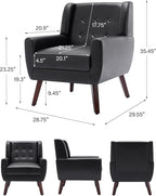 Accent Chair, Mid-Century Modern PU Leather Chairs with Arms for Living Room, Comfy Upholstered Club Single Sofa Armchair for Bedroom Waiting Room with Solid Wood Frame（Leather Black, Set of 1)