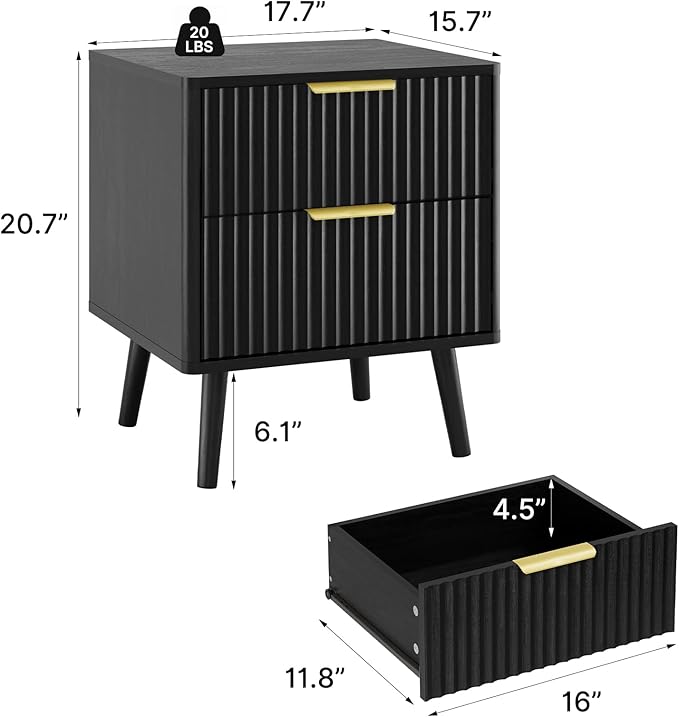 LYNSOM Fluted Dresser and Nightstand Sets 4 Piece, 2-Drawer Nightstands and 5/7 Drawers Dresser, Wood Bedroom Furniture Set for Home, Bedroom, Hallway, Black