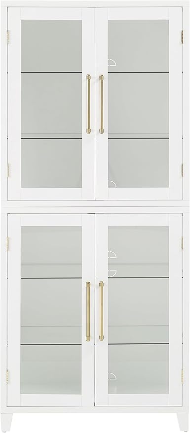 Crosley Furniture Roarke Glass Door Kitchen Pantry Storage Cabinet with Doors and Shelves, Living Room, White