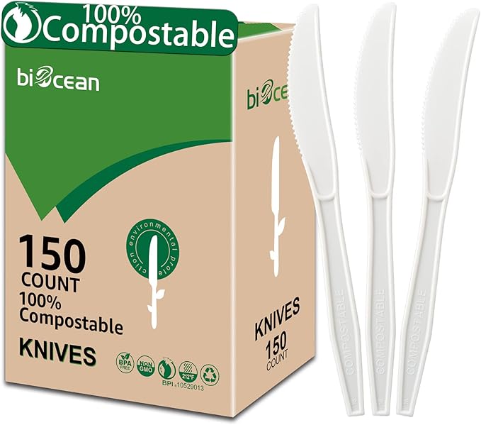 100% Compostable No Plastic Knives Plastic Forks Plastic Spoons Plastic Utensils, The Heavyweight Heavy Duty Flatware is Eco Friendly Products for Lounge Party Wedding BBQ Picnic Camping.