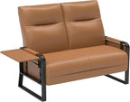 Faux Leather Loveseat Couch for Living Room Bedroom Office, Small Sofa 2 Seater Couch with Flip Up Tray Table Side Pockets Leather Loveseats, Brown