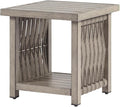 Outdoor Side Table, Aluminum Square Patio Side Table, 2-Tier Rope Weave Outdoor End Table with Adjustable Legs, Outside Furniture Patio Table for Garden, Pool, Balcony, Decks, Gray Oak