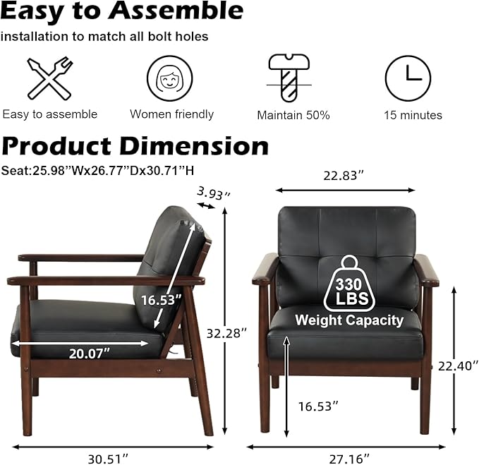STHOUYN Mid Century Modern Chair, PU Leather Accent Chair Set of 2 with Wood Arms, Living Room Chairs, Reading Armchair for Bedroom, Waiting Room, Office