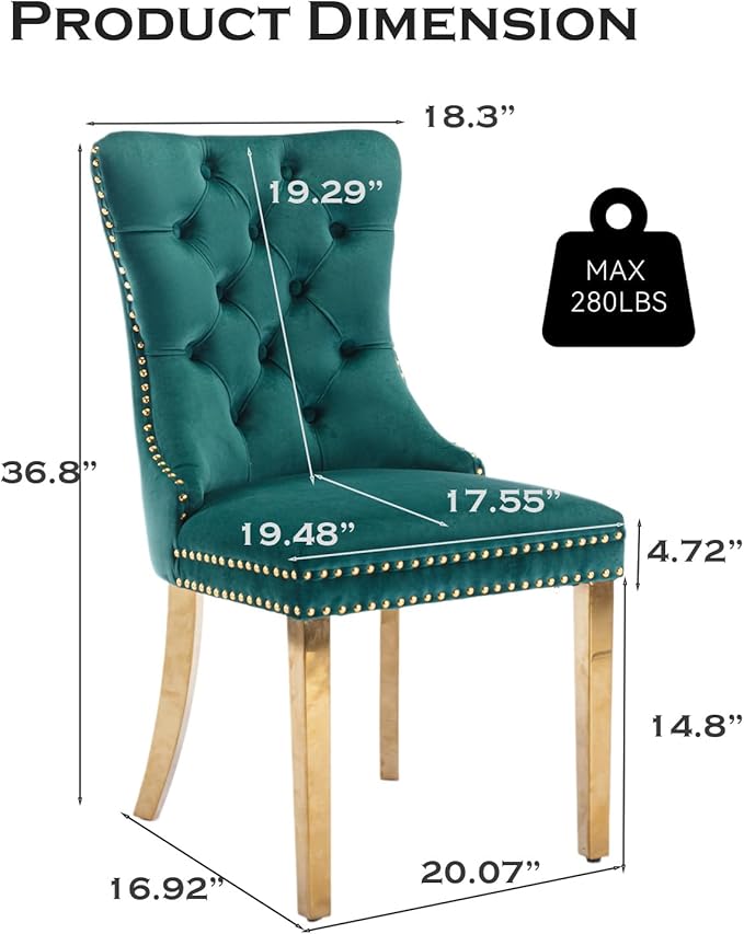 Velvet Upholstered Dining Chairs Set of 2, Modern Style Kitchen Side Chairs with Nailhead Trim and Gold Plated Leg, Metal Pulling Ring for Dining Room Living Room(Green,Set of 2)