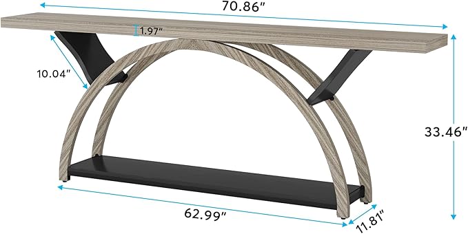 Tribesigns 70.87" Console Table with Storage Shelf, Narrow Long Sofa Table Behind Couch Table, 2-Tier Rustic Entryway Table with Half Moon Frame for Hallway Living Room, Gray & Black (Gray & Black)