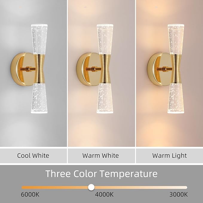 JoollySun Crystal Sconces Wall Lighting with Dimmable 3-Color (3000K-6000K) LED for Bathroom Hallway Bedroom