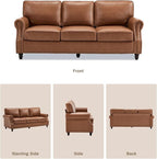 Kingfun Mid-Century Modern Couch, Faux Leather Sofa Set, 3 Seater Couch for Living Room with Rolled arms & Nailhead Trim,Brown