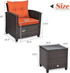 Tangkula 3 Pieces Patio Furniture Set, PE Rattan Wicker 3 Pcs Outdoor Sofa Set w/Washable Cushion and Tempered Glass Tabletop, Conversation Furniture for Garden Poolside Balcony (Orange)