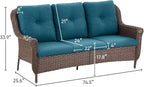 Patio Couch Outdoor Wicker Sofa - Heavy Duty All-Weather Brown Rattan 3-Seater with High Back and Comfortable Thick Cushions for Garden Back Porch Poolside Apartment - Peacock Blue