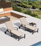 PURPLE LEAF Outdoor Chaise Lounge Chair Set of 3 Patio Pool Lounger Aluminum Chairs with Side Table and Wheels Adjustable Tanning Recliner for Outside Backyard Yard Deck Balcony Beach Light Khaki