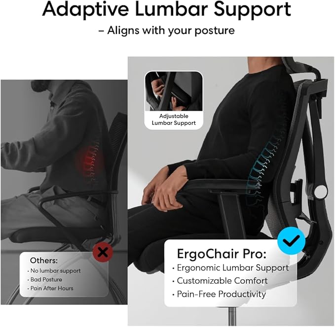 Autonomous ErgoChair Pro Ergonomic Office Chair Mesh Black Adjustable Lumbar Support, Rolling Swivel - Home office Desk Chairs with Wheels and Arms - Ergonomic Desk Chair Comfy for Gaming & Long Hours