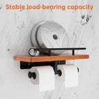Toilet Paper Holder with Wood Shelf, Wall Mount Toilet Paper Roll Holder with Wooden Shelf and Matte Black Stainless Steel Pipe, Tissue Roll Holder for Bathroom Washroom (Light Brown, 13.8'' x 5.9'')