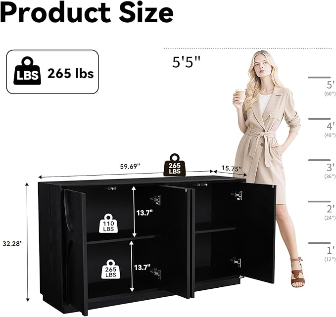 LKTART 59" Sideboard Buffet Cabinet Retro Accent Storage Cabinet with Magnetic Door Latches Adjustable Shelf for Living Room Kitchen(Black)