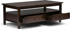SIMPLIHOME Warm Shaker Coffee Table - 48 inch Wide Solid Wood Cocktail Table in Tobacco Brown, Transitional Living Room Table with 2 Storage Drawers and Open Shelf for Sitting Area or Lounge
