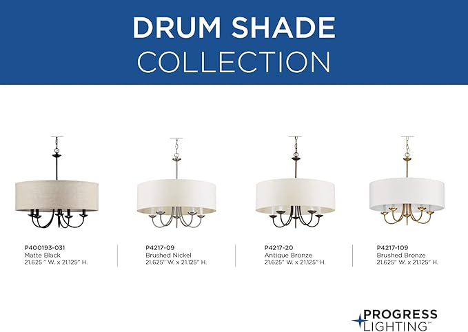 Progress Lighting Drum Shade Collection Five-Light Chandelier, Farmhouse Style Hanging Ceiling Light Fixture for Dining Rooms, Foyers, White Textured Linen Shade, Brushed Nickel