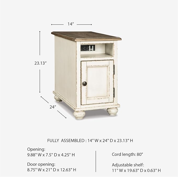 Signature Design by Ashley Realyn French Country Chair Side End Table, Cabinet Storage with Shelf, Outlets and USB Ports, Wood, 14" W x 24" D x 23.13" H, Cream