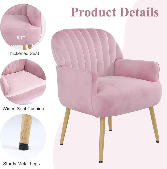 Velvet Accent Chair, Upholstered Modern Leisure Single Sofa Side Chair, Comfy Tufted Back Armchair with Metal Legs for Living Room/Bedroom/Office/Reading Room, Pink