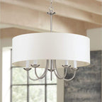 Progress Lighting Drum Shade Collection Five-Light Chandelier, Farmhouse Style Hanging Ceiling Light Fixture for Dining Rooms, Foyers, White Textured Linen Shade, Brushed Nickel
