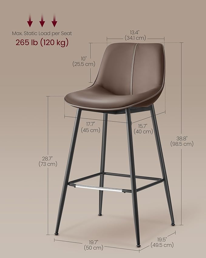 VASAGLE Bar Stools Set of 2, Bar Height Bar Stools with Back, Ergonomic Backrest, Synthetic Leather, Metal Legs, 28.7-Inch Tall Barstools for Kitchen Island Home Bar, Easy Assembly, Chestnut Brown