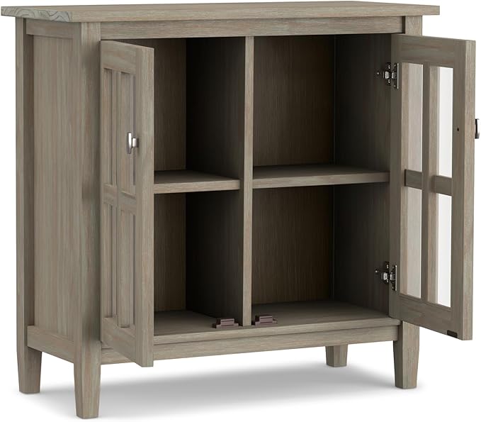 SIMPLIHOME Warm Shaker SOLID WOOD 32 inch Wide Transitional Low Storage Cabinet in Distressed Grey for the Living Room, Entryway and Family Room