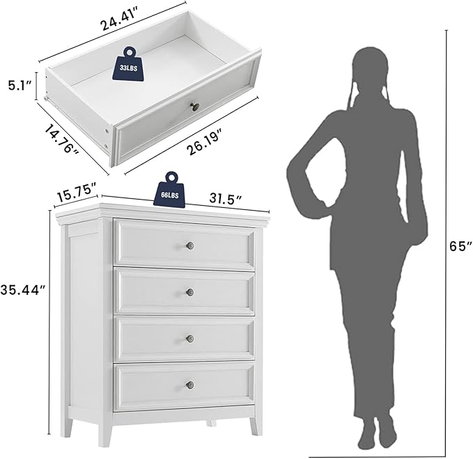White Dresser for Bedroom,4 Chest of Drawers Dresser,Tall Nightstand Modern Clothes Organizer Cabinet for Bedroom,Closets,Hallway