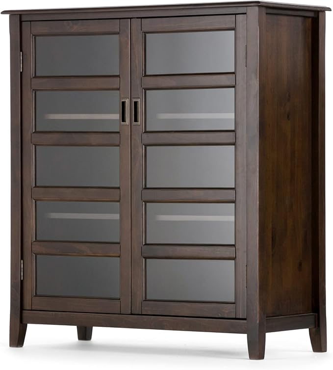 SIMPLIHOME Burlington SOLID WOOD 40 inch Wide Transitional Medium Storage Cabinet in Mahogany Brown, with 2 Tempered Glass Doors that open to 4 Adjustable Shelves