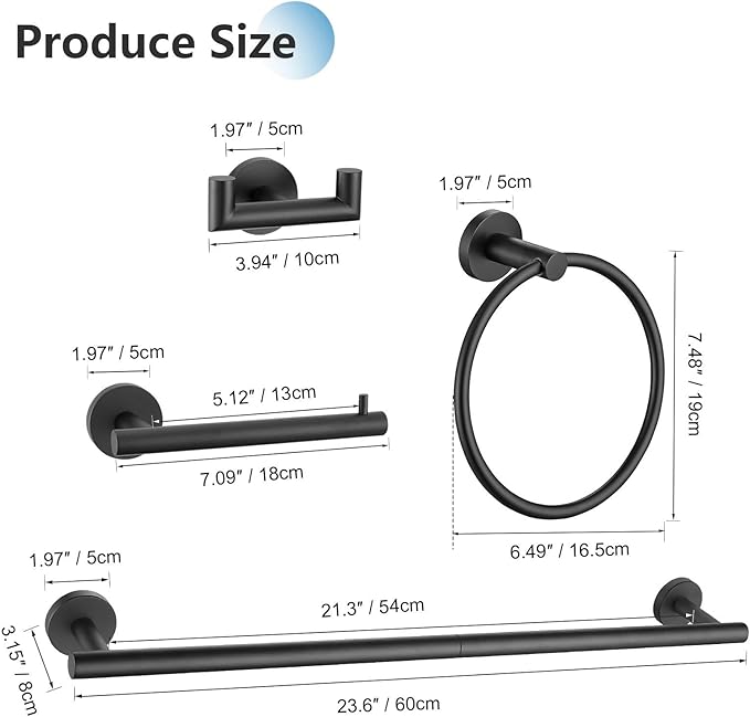 10 Pieces Matte Black Towel Bar Set Bathroom Hardware Accessories Set Upgraded Towel Hooks Towel Holder Set for Bathroom Stainless Steel Wall Mounted 23.6 Inch
