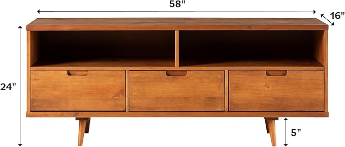 Walker Edison 3-Drawer Mid Century Modern Wood TV Stand for TV's up to 65" Flat Screen Cabinet Door Living Room Storage Entertainment Center, 58 Inch, Walnut