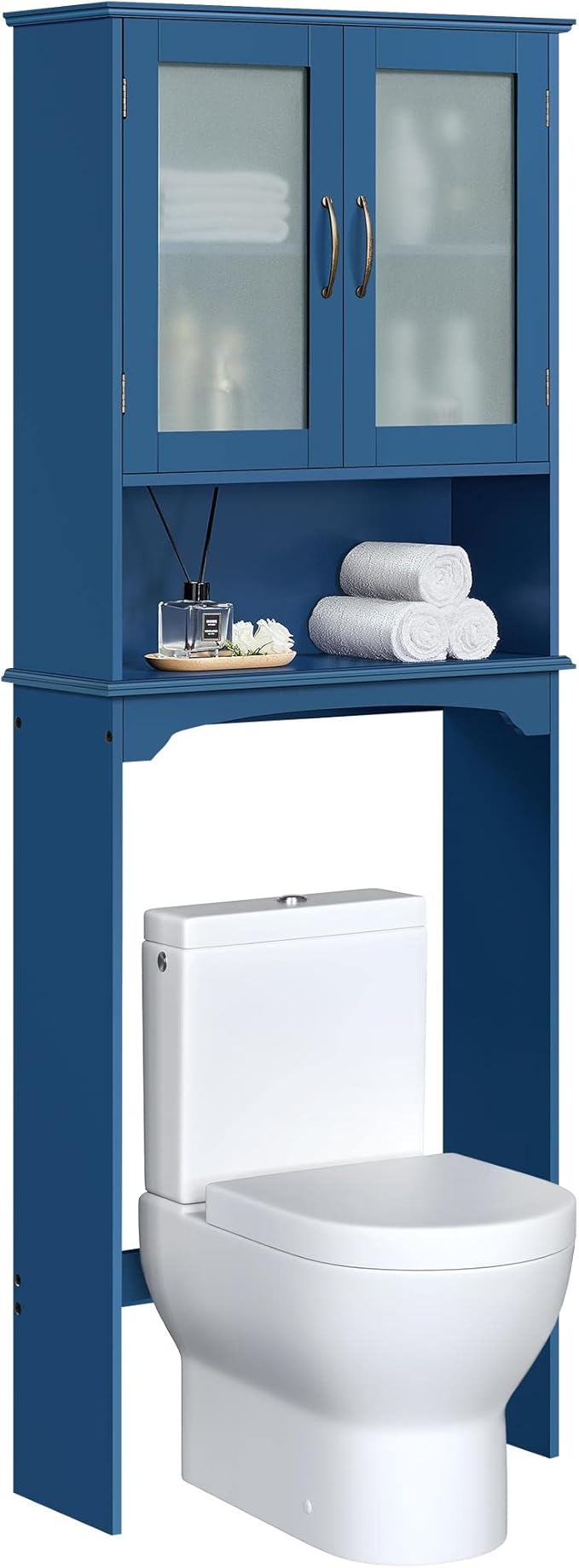 Yaheetech Over The Toilet Storage Cabinet, Free Standing Toilet Rack with Adjustable Shelves and Tempered Glass Doors for Bathroom Washroom, Navy Blue