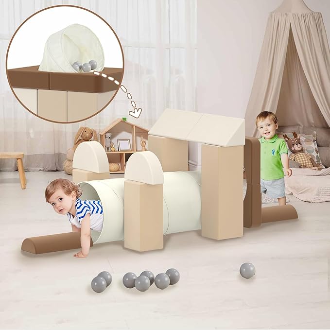 Asweets Kids Play Couch with Tunnel and Balls, Play Couch for Toddlers, Kids Foam Convertible Play Building Fort for Christmas and New Year, Brown